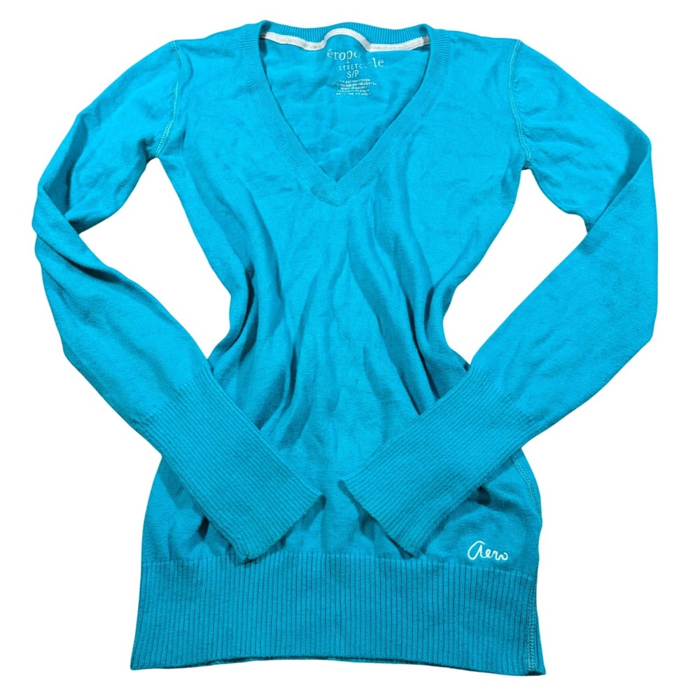 Y2K Preppy Aeropostale Teal Blue V-Neck‎ Stretch Knit Sweater Small S/P Logo